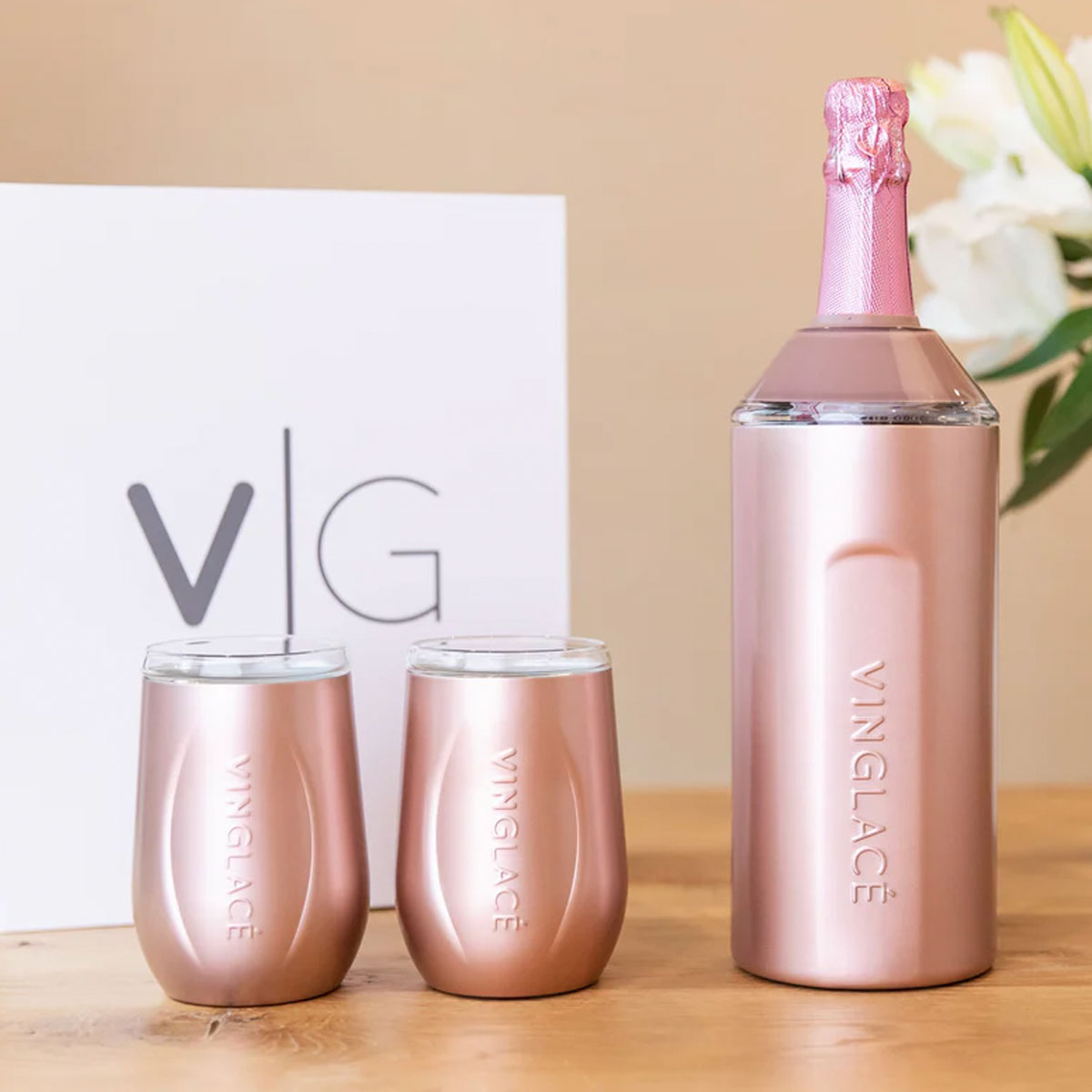 Vinglacé Wine Bottle Chiller Gift Set- Portable Stainless Steel Wine Cooler  with 2 Stemless Wine Glasses, Navy